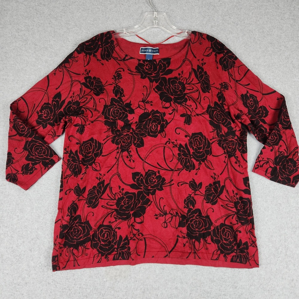 Karen Scott Blouse Top Womens XL Red Black Floral Rose Long Sleeve Knit Pullover